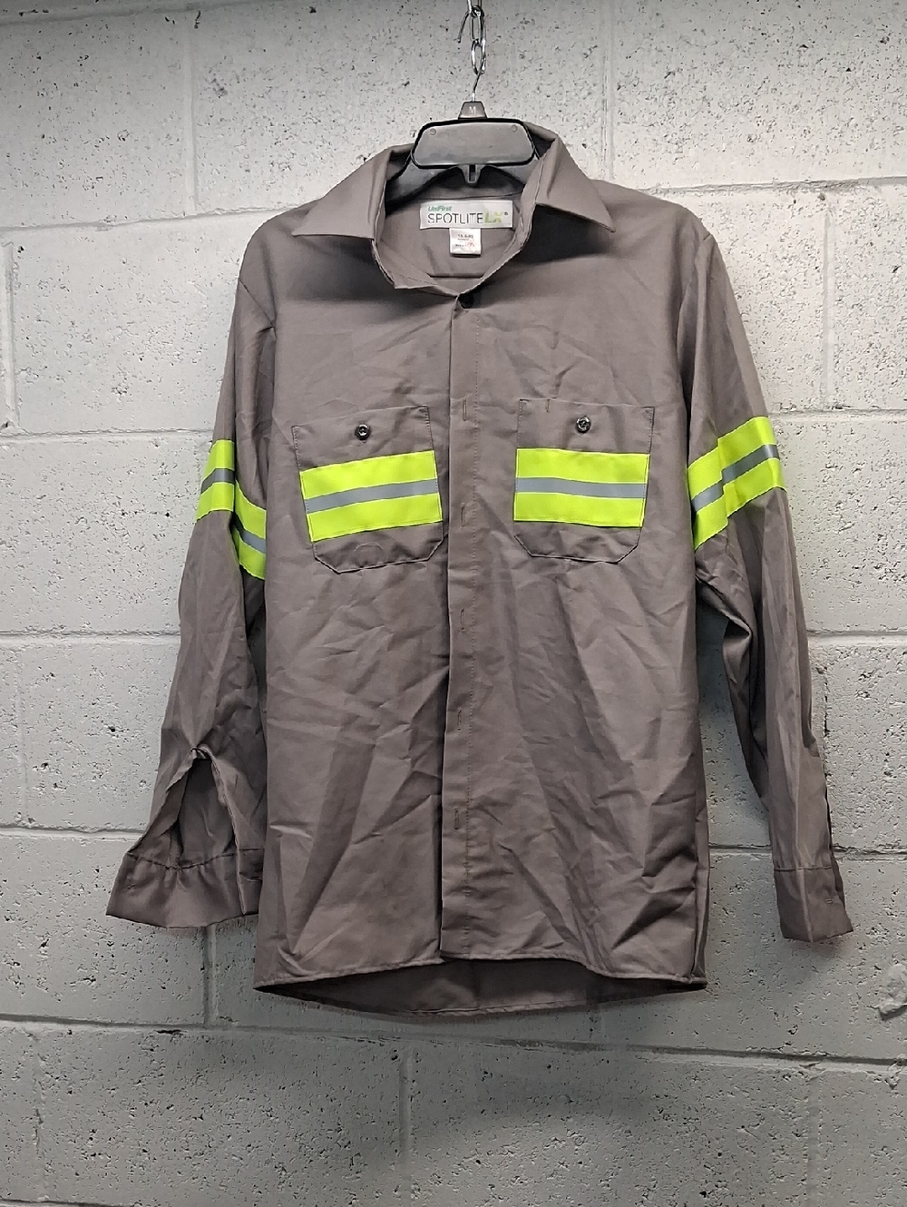 Mens Gray Work Shirt with High-Visibility Lime Stripes